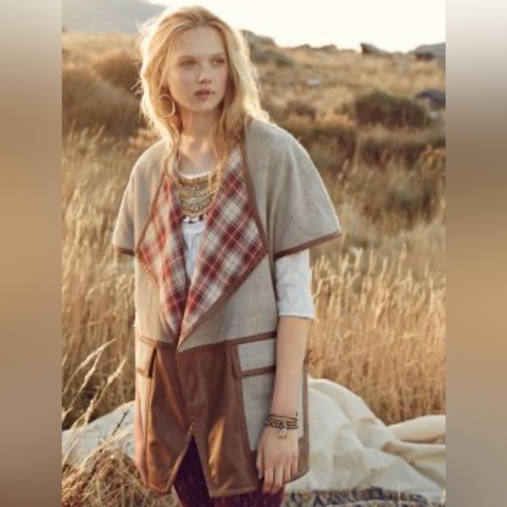 Anthropologie Elevenses Paisaje Wool Blend Leather Plaid Vest